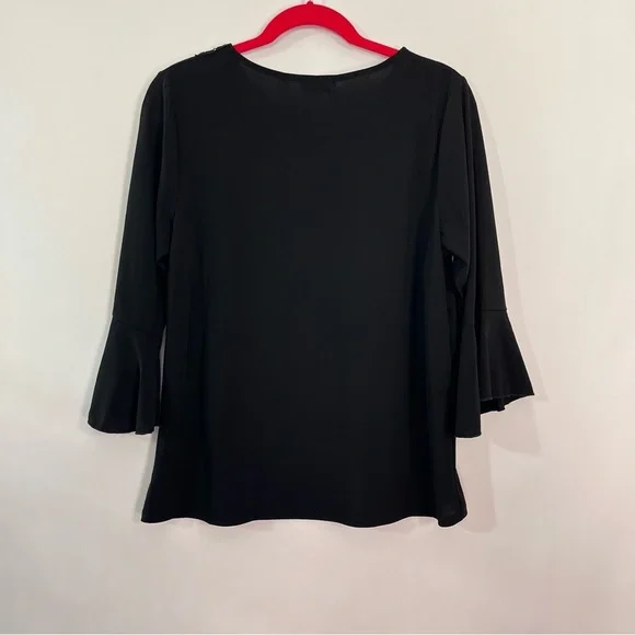 Verve Ami Black Crocheted V neck Blouse Ruffle Bell 3/4 Sleeves Sz Large - Picture 2 of 5